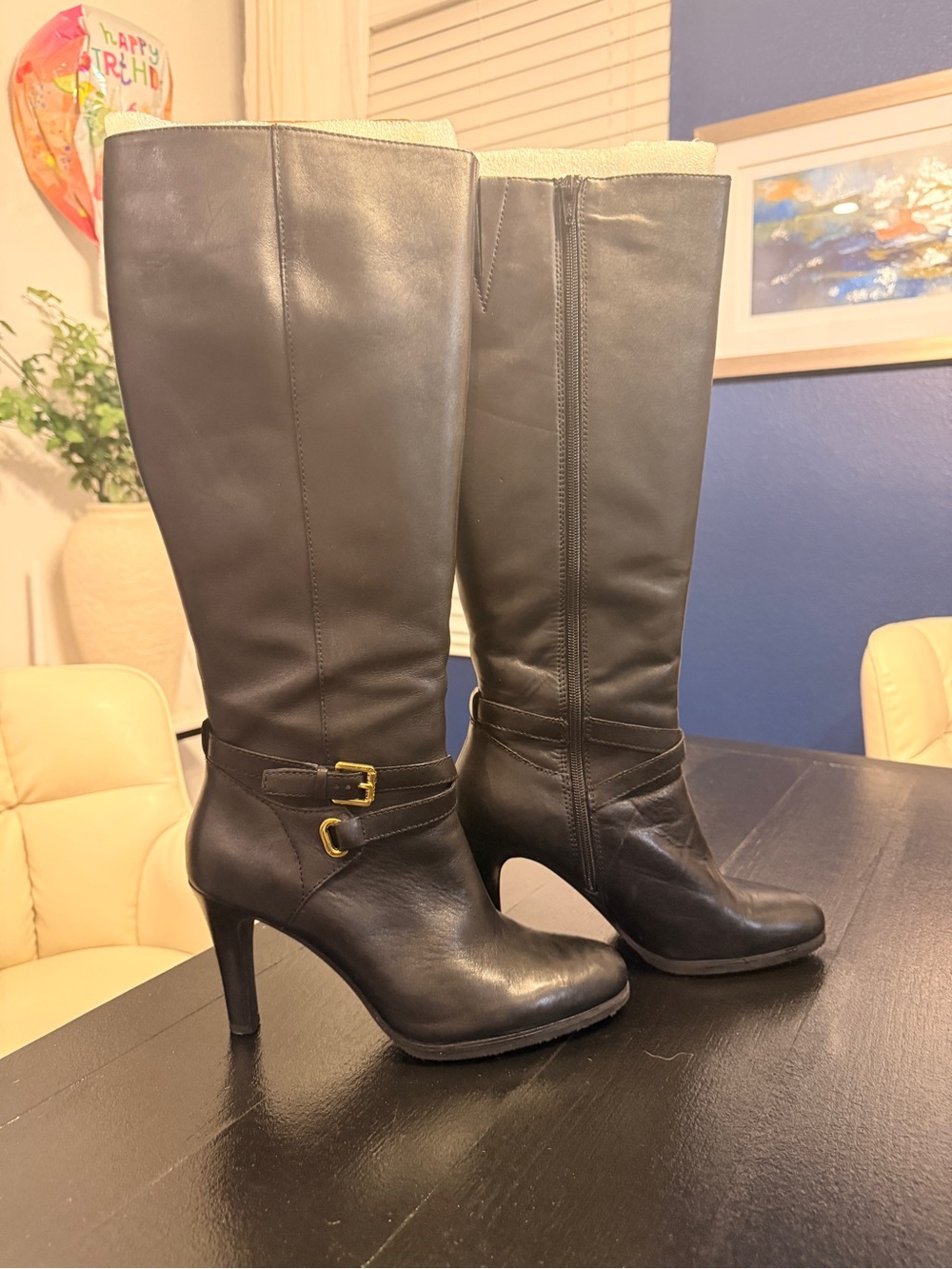 Lauren Ralph Lauren Black Leather Knee-High Heeled Boots with Buckle